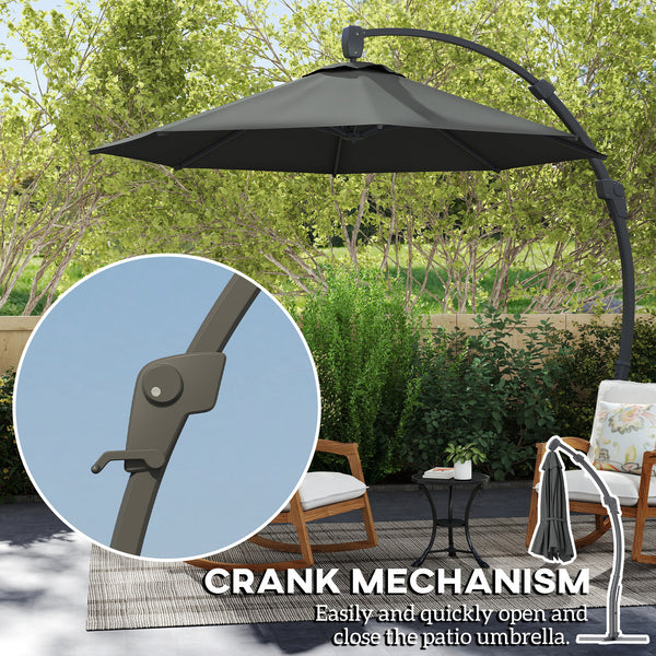 3(m) Garden Cantilever Parasol, Round Overhanging Umbrella with Crank Handle, Cross Base, Aluminium Frame and 360° Rotation, Banana Patio Umbrella for Outdoor Sun Shade, Grey