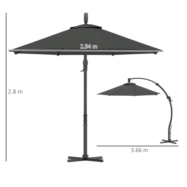 3(m) Garden Cantilever Parasol, Round Overhanging Umbrella with Crank Handle, Cross Base, Aluminium Frame and 360° Rotation, Banana Patio Umbrella for Outdoor Sun Shade, Grey