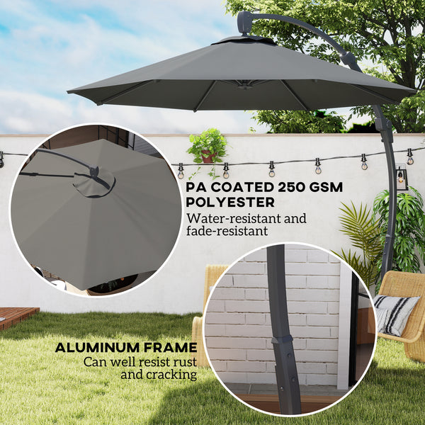 3(m) Garden Cantilever Parasol, Round Overhanging Umbrella with Crank Handle, Cross Base, Aluminium Frame and 360° Rotation, Banana Patio Umbrella for Outdoor Sun Shade, Grey