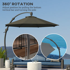 3(m) Garden Cantilever Parasol, Round Overhanging Umbrella with Crank Handle, Cross Base, Aluminium Frame and 360° Rotation, Banana Patio Umbrella for Outdoor Sun Shade, Grey
