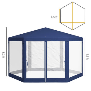 Outsunny 13' x 11' Outdoor Party Tent, Hexagon Sun Shade Shelter Canopy with Protective Mesh Screen Sidewalls, Ropes & Stakes, Blue