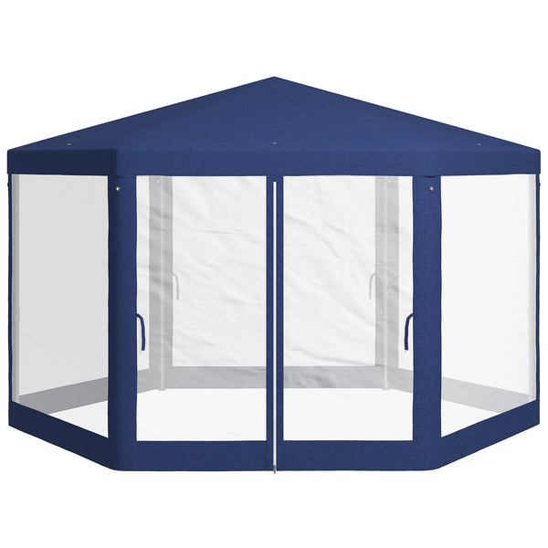 Outsunny 13' x 11' Outdoor Party Tent, Hexagon Sun Shade Shelter Canopy with Protective Mesh Screen Sidewalls, Ropes & Stakes, Blue