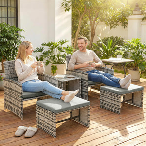 6 Piece Rattan Garden Furniture Set, Space-Saving Patio Furniture Conversation Set with 2 Nesting Tables, 2 Chairs, 2 Footstools, Wicker Outdoor Sofa with Cushions for Balcony Porch, Grey