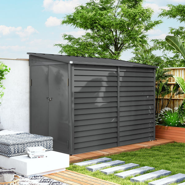 Outsunny 4.6' x 9' Steel Outdoor Storage Shed, Lean to Shed, Metal Tool House with Foundation Kit, Lockable Doors, Gloves and 2 Air Vents for Backyard, Patio, Lawn, Dark Gray