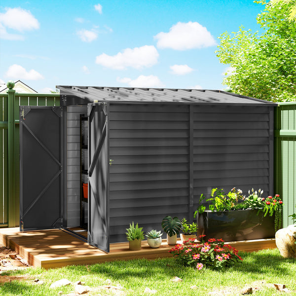 Outsunny 4.6' x 9' Steel Outdoor Storage Shed, Lean to Shed, Metal Tool House with Foundation Kit, Lockable Doors, Gloves and 2 Air Vents for Backyard, Patio, Lawn, Dark Gray