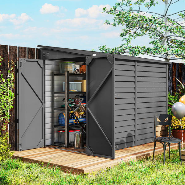 Outsunny 4.6' x 9' Steel Outdoor Storage Shed, Lean to Shed, Metal Tool House with Foundation Kit, Lockable Doors, Gloves and 2 Air Vents for Backyard, Patio, Lawn, Dark Gray