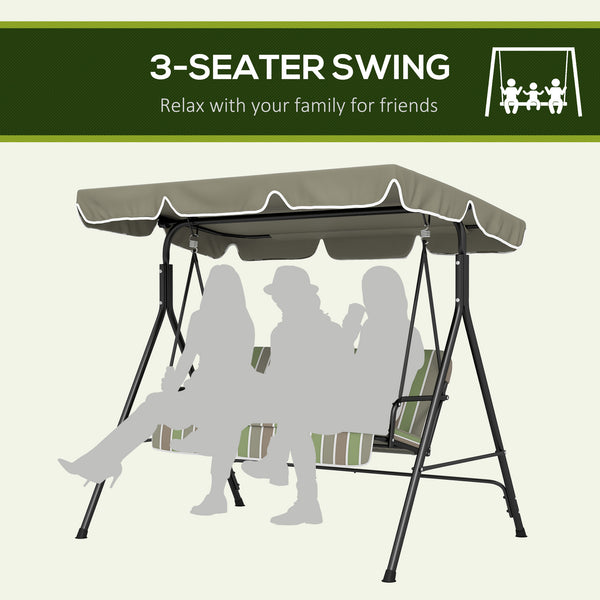 Outsunny 3-Seat Outdoor Patio Swing Chair with Removable Cushion, Steel Frame Stand and Adjustable Tilt Canopy for Patio, Garden, Poolside, Balcony, Backyard, Beige & Green