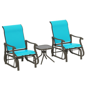 Outsunny 3-Piece Outdoor Gliders Set Bistro Set with Steel Frame, Tempered Glass Top Table for Patio, Garden, Backyard, Lawn, Bright Blue