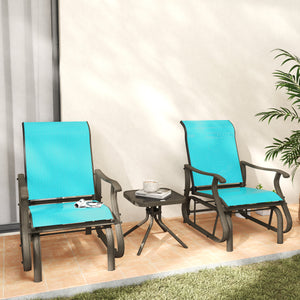 Outsunny 3-Piece Outdoor Gliders Set Bistro Set with Steel Frame, Tempered Glass Top Table for Patio, Garden, Backyard, Lawn, Bright Blue