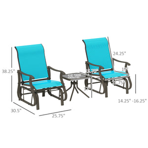 Outsunny 3-Piece Outdoor Gliders Set Bistro Set with Steel Frame, Tempered Glass Top Table for Patio, Garden, Backyard, Lawn, Bright Blue