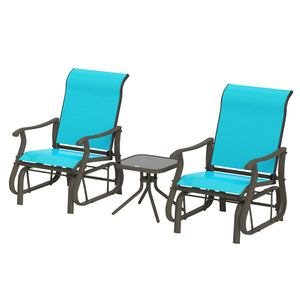 Outsunny 3-Piece Outdoor Gliders Set Bistro Set with Steel Frame, Tempered Glass Top Table for Patio, Garden, Backyard, Lawn, Bright Blue