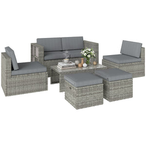 6 Piece Rattan Garden Furniture Set, 6 Seater Nesting Wicker Patio Conversation Set with Loveseat, 2 Chairs, Glass Top Table, 2 Footstools, Cushions, Adjustable Pads for Outdoor, Dark Grey