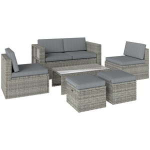 6 Piece Rattan Garden Furniture Set, 6 Seater Nesting Wicker Patio Conversation Set with Loveseat, 2 Chairs, Glass Top Table, 2 Footstools, Cushions, Adjustable Pads for Outdoor, Dark Grey