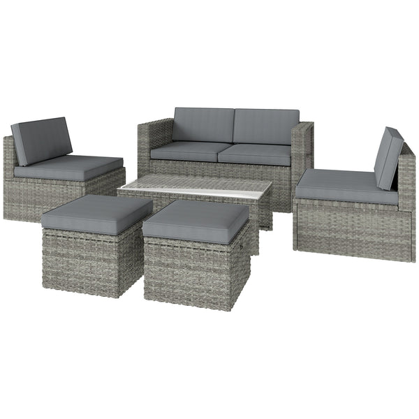 6 Piece Rattan Garden Furniture Set, 6 Seater Nesting Wicker Patio Conversation Set with Loveseat, 2 Chairs, Glass Top Table, 2 Footstools, Cushions, Adjustable Pads for Outdoor, Dark Grey