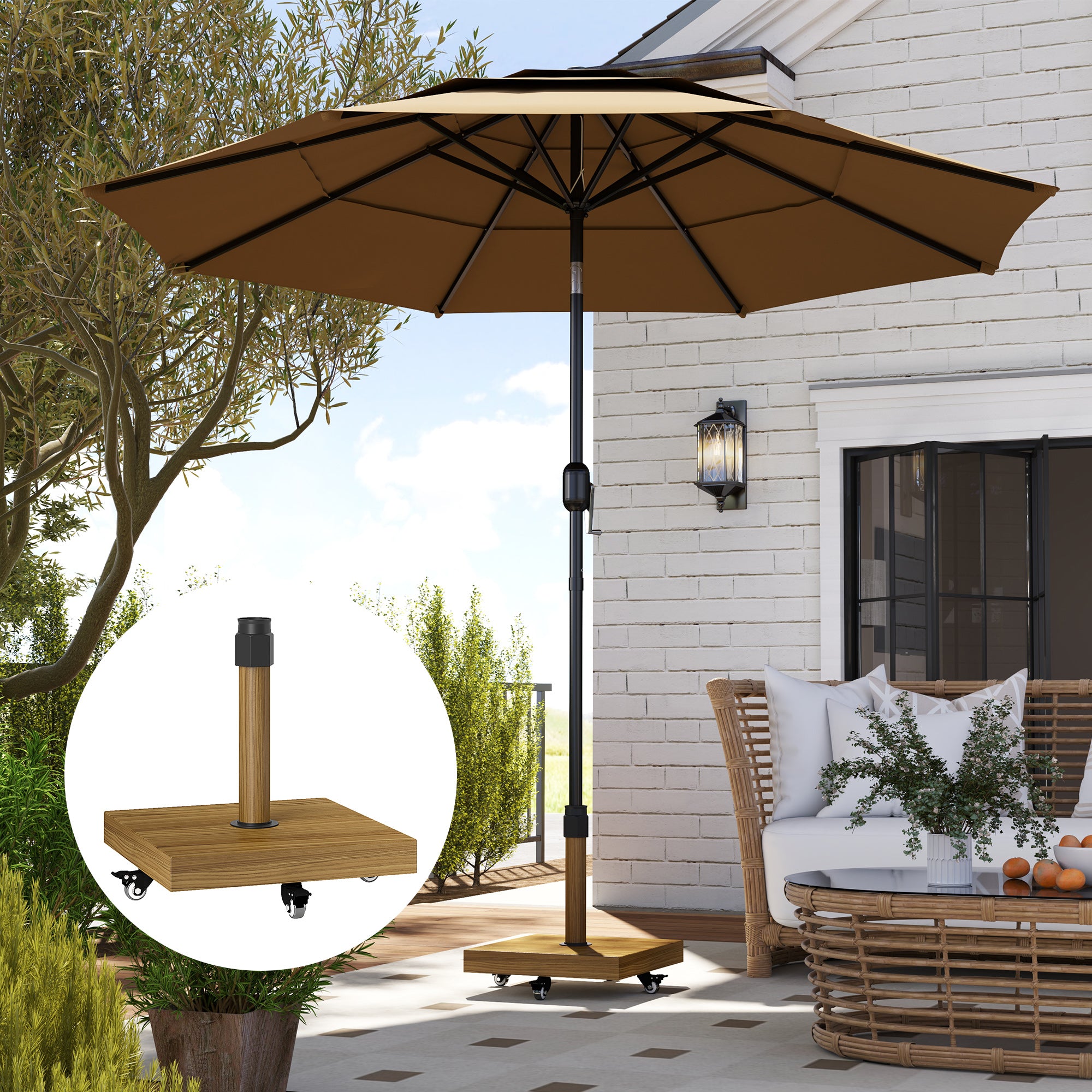 brown patio umbrella base with hidden wheels Outsunny Patio Umbrella Stand with Wheels, Heavy Duty Wood Base for 1.4"/1.5"/1.9" Poles
