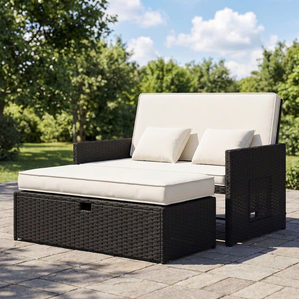 Rattan Garden Daybed, Assembled Double Sun Lounger with 5-Level Adjustable Back, Storage Ottoman, Cushions, Pillows and Retractable Trays, Outdoor Loveseat Sofa Bed for Patio, Cream White