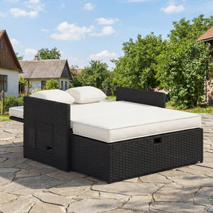 Rattan Garden Daybed, Assembled Double Sun Lounger with 5-Level Adjustable Back, Storage Ottoman, Cushions, Pillows and Retractable Trays, Outdoor Loveseat Sofa Bed for Patio, Cream White