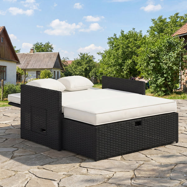 Rattan Garden Daybed, Assembled Double Sun Lounger with 5-Level Adjustable Back, Storage Ottoman, Cushions, Pillows and Retractable Trays, Outdoor Loveseat Sofa Bed for Patio, Cream White