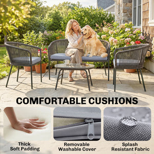 4 Piece Garden Furniture Set, Rope Woven Garden Sofa Set with 1 Loveseat, 2 Armchairs, Tempered Glass Coffee Table, Outdoor Conversation Furniture with Cushions for Patio, Dark Grey