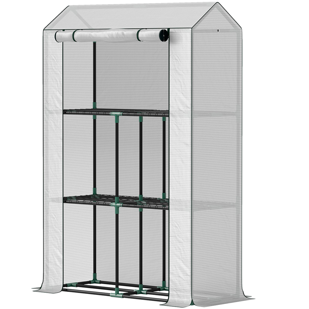 3 Tier Mini Greenhouse with Reinforced PE Cover, Portable Small Greenhouse with Roll-Up Door, 100 x 40 x 150cm, White