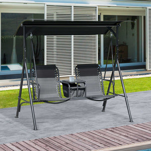 2 Person Covered Porch Swing Patio Swing with Pivot Storage Table, Cup Holder, & Adjustable Overhead Canopy, Black