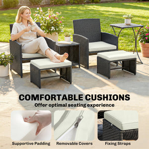 6 Piece Rattan Garden Furniture Set, Space-Saving Patio Furniture Conversation Set with 2 Nesting Tables, 2 Chairs, 2 Footstools, Wicker Outdoor Sofa with Cushions for Balcony Porch, Black