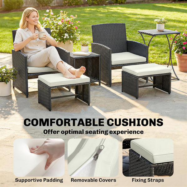 6 Piece Rattan Garden Furniture Set, Space-Saving Patio Furniture Conversation Set with 2 Nesting Tables, 2 Chairs, 2 Footstools, Wicker Outdoor Sofa with Cushions for Balcony Porch, Black