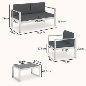 4 Seater Aluminium Garden Furniture Set, Olefin Cushions, Extra Wide Deep Garden Sofa Set with Loveseat, 2 Chairs, Faux Wood Table, Brushed Outdoor Furniture Conversation Sets, Dark Grey