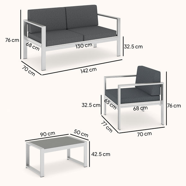 4 Seater Aluminium Garden Furniture Set, Olefin Cushions, Extra Wide Deep Garden Sofa Set with Loveseat, 2 Chairs, Faux Wood Table, Brushed Outdoor Furniture Conversation Sets, Dark Grey