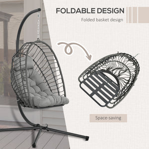 Outdoor Rattan Swing Chair with Foldable Basket and Cushion, Garden Patio Hanging Egg Chair with Metal Stand, Headrest for Indoor and Outdoor, Light Grey