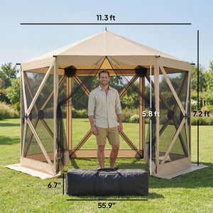 10 x 11 ft Pop Up Gazebo Screen Tent, Outdoor Portable Instant Camping Canopy Screen House Sun Shelter with Mesh Nettings, Carry Bag, Ground Stakes, Ropes for Patio, Backyard, Beige