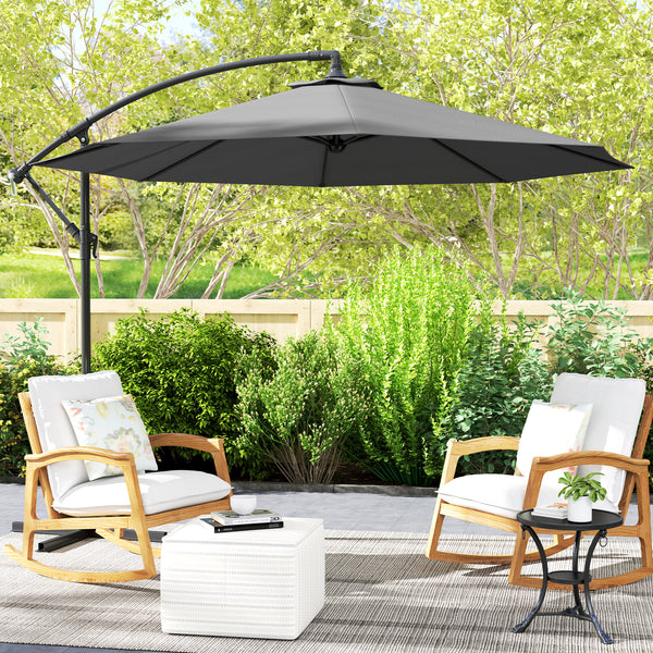10' Deluxe Patio Umbrella, Outdoor Market Parasol, Banana Hanging Offset Sunshade with Crank, Cross Base, Grey