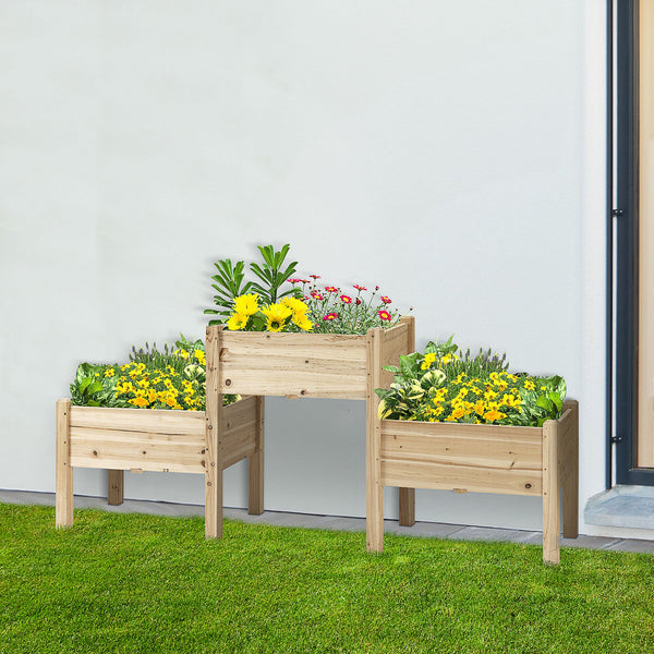 Outsunny Raised Garden Bed with 3 Planter Box, Elevated Wooden Plant Stand with Drainage Holes, for Vegetables, Herb and Flowers, Natural