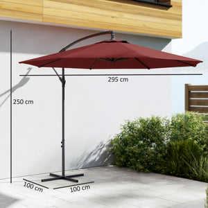 3(m) Garden Banana Parasol Hanging Cantilever Umbrella with Crank Handle, 8 Ribs and Cross Base for Outdoor, Sun Shade, Wine Red