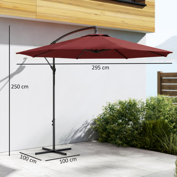 3(m) Garden Banana Parasol Hanging Cantilever Umbrella with Crank Handle, 8 Ribs and Cross Base for Outdoor, Sun Shade, Wine Red