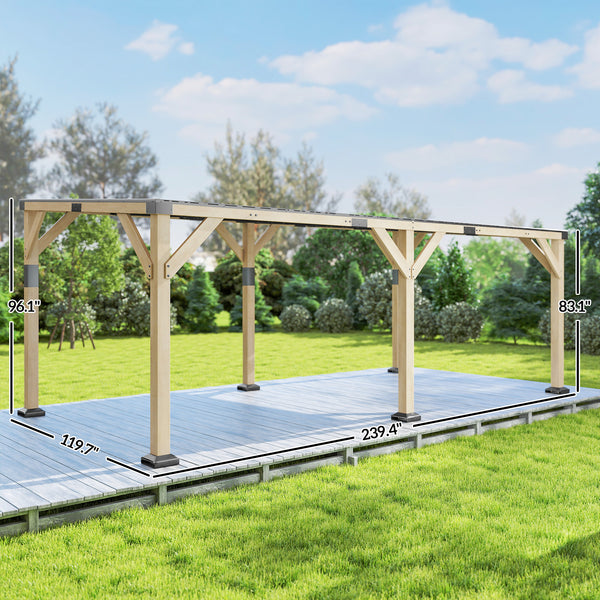 10' x 20' Wooden Gazebo, Hardtop Lean-to Gazebo Pergola with Galvanized Steel Sloped Roof, Large Heavy Duty Awning for Patio, Deck, Backyard, Light Walnut