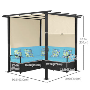 Wicker Patio Furniture, Outdoor PE Rattan Sofa Set with Retractable Canopy Pergola, Shade Shelter for Deck, Pool, Garden, Terrace, Turquoise