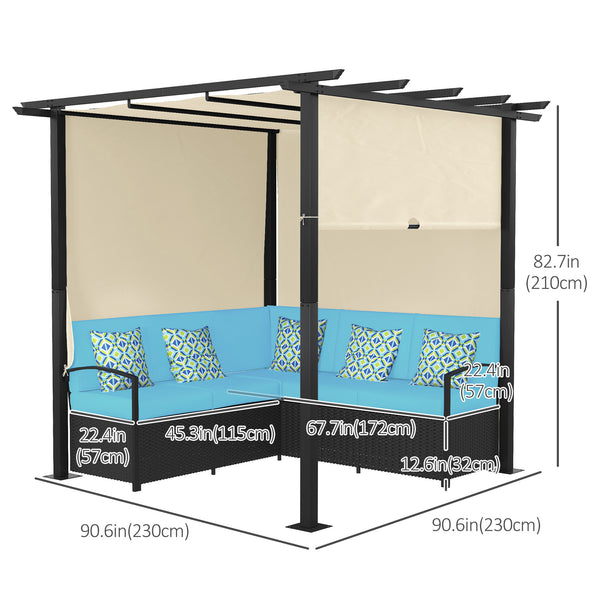 Wicker Patio Furniture, Outdoor PE Rattan Sofa Set with Retractable Canopy Pergola, Shade Shelter for Deck, Pool, Garden, Terrace, Turquoise