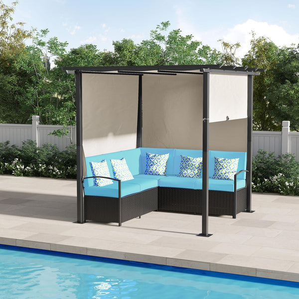 Wicker Patio Furniture, Outdoor PE Rattan Sofa Set with Retractable Canopy Pergola, Shade Shelter for Deck, Pool, Garden, Terrace, Turquoise