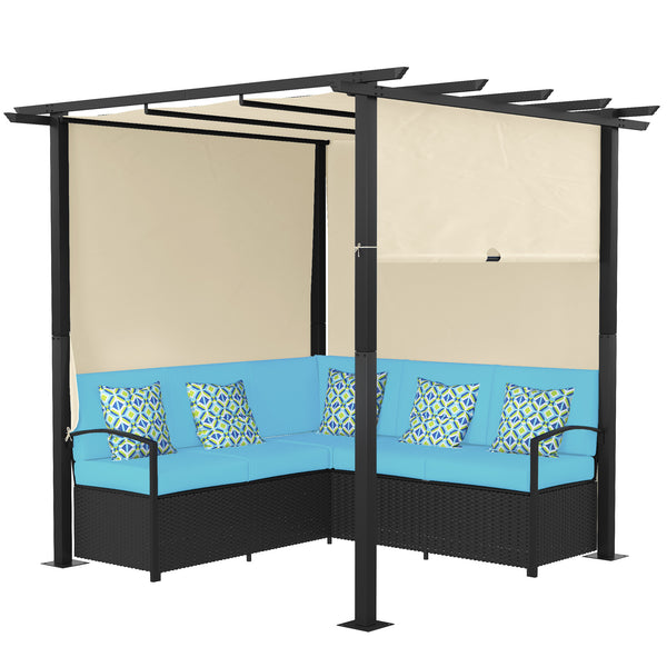 Wicker Patio Furniture, Outdoor PE Rattan Sofa Set with Retractable Canopy Pergola, Shade Shelter for Deck, Pool, Garden, Terrace, Turquoise