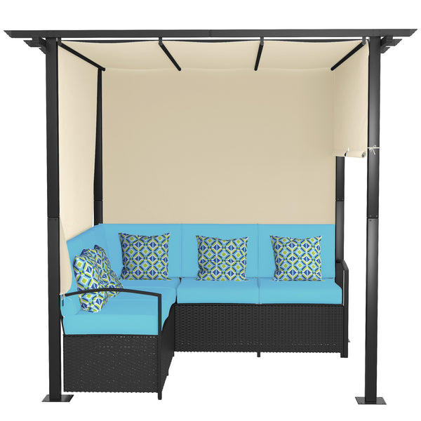 Wicker Patio Furniture, Outdoor PE Rattan Sofa Set with Retractable Canopy Pergola, Shade Shelter for Deck, Pool, Garden, Terrace, Turquoise