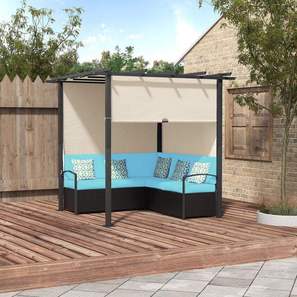 Wicker Patio Furniture, Outdoor PE Rattan Sofa Set with Retractable Canopy Pergola, Shade Shelter for Deck, Pool, Garden, Terrace, Turquoise