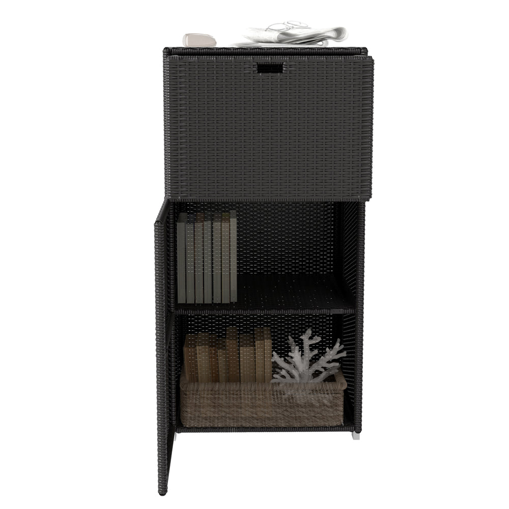 Patio Storage Cabinet, Outdoor Towel Rack for Pool, Waterproof PE Rattan Wicker, Hot Tub Accessory, with Basket Drawer, Dark Brown