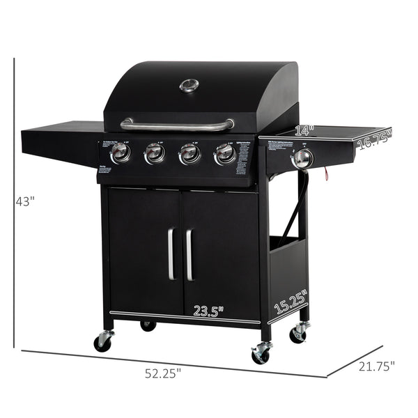 Outsunny 4 Burner Propane Gas Grill with Side Burner, 50,000 BTU Steel Outdoor Barbeque/Barbecue, Wheels, Warming Rack, Shelf, Cabinet, Thermometer, Black