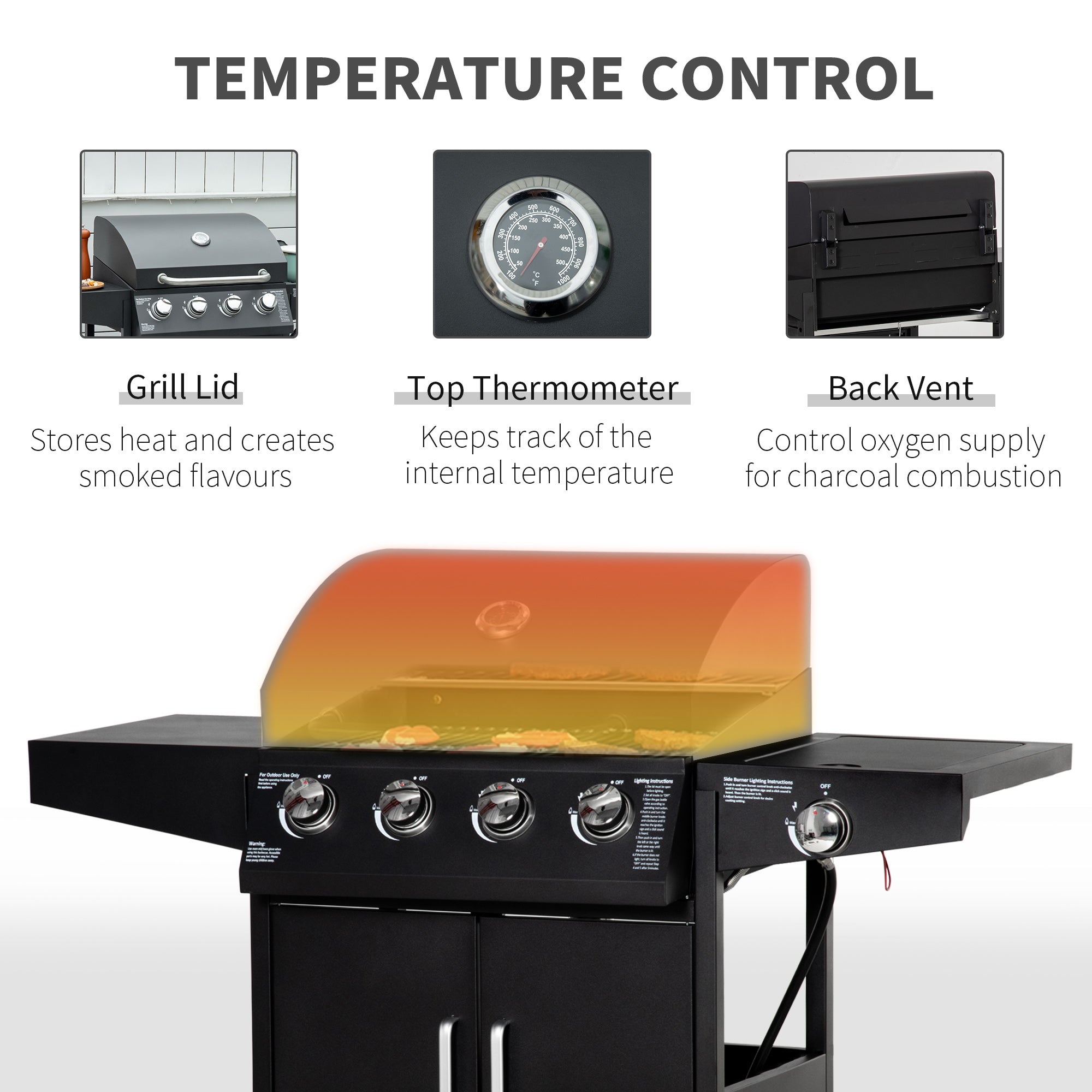 Outsunny 4 Burner Propane Gas Grill with Side Burner with
