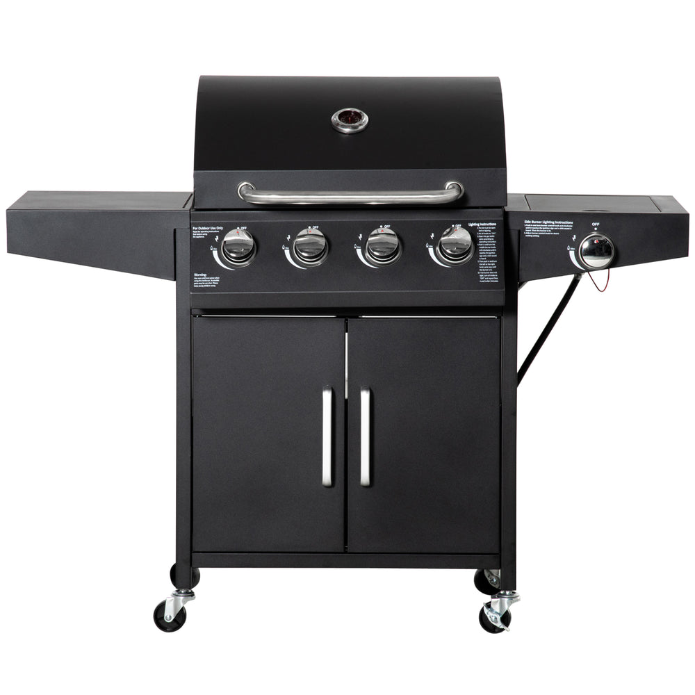 Outsunny 4 Burner Propane Gas Grill with Side Burner, 50,000 BTU Steel Outdoor Barbeque/Barbecue, Wheels, Warming Rack, Shelf, Cabinet, Thermometer, Black