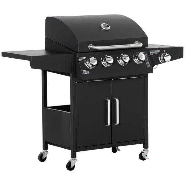 Outsunny 4 Burner Propane Gas Grill with Side Burner, 50,000 BTU Steel Outdoor Barbeque/Barbecue, Wheels, Warming Rack, Shelf, Cabinet, Thermometer, Black