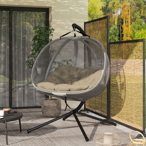 Double Egg Chair with Stand, 2 Person Hanging Swing Egg Chair Outdoor Indoor, 528 LBS Capacity Loveseat Hammock Swing with Cushion, Pockets, Khaki