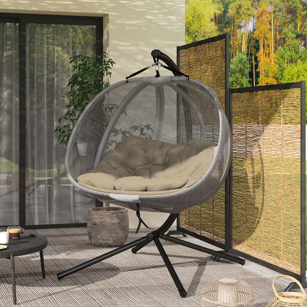 Double Egg Chair with Stand, 2 Person Hanging Swing Egg Chair Outdoor Indoor, 528 LBS Capacity Loveseat Hammock Swing with Cushion, Pockets, Khaki