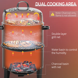 Vertical Charcoal BBQ Smoker, 3-in-1 16" Round Charcoal Barbecue Grill with 2 Cooking Area, and Thermometer for Outdoor Camping Picnic Backyard Cooking, Black